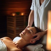 Woman getting face massage adult spa spirituality. 