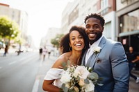 Diverse couple wedding laughing street. 