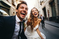 Caucasian young couple wedding street laughing. 