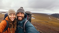 Couple traveler hiking selfie adventure. 