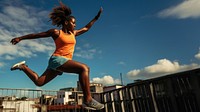 Fitness jumping adult woman. 