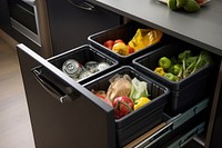 Modern waste sorting bins appliance kitchen drawer. 