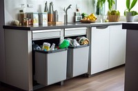 Modern waste sorting bins kitchen refrigerator countertop. AI generated Image by rawpixel.