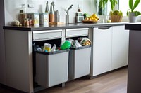 Modern waste sorting bins kitchen refrigerator countertop. 