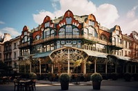 Art nouveau hotel architecture cityscape outdoors. 