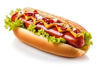 Hotdog food ketchup white background. 