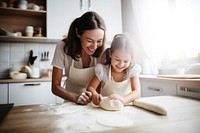 Kitchen apron smiling cooking family. 