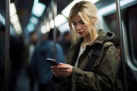 Young blond woman subway train adult. 