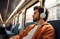 Young man headphones listening headset. 