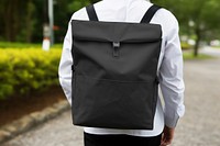 Black fold top backpack, design resource