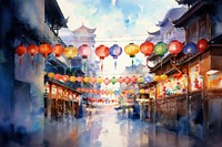 Watercolor floating lanterns asian city festival street spirituality. 