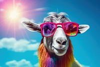 A goat wearing summer sunglasses livestock mammal animal. 