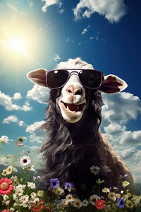 A goat wearing summer sunglasses livestock outdoors portrait. 