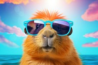 Capybara wearing summer sunglasses outdoors mammal animal. 