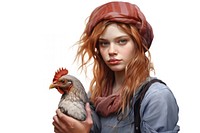 Farm girl holding rooster chicken animal adult. 