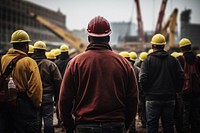 Construction workers standing hardhat helmet. 