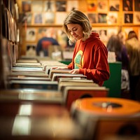 A photo of person selecting vinyl records in a retro record store.  