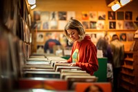 A photo of person selecting vinyl records in a retro record store.  