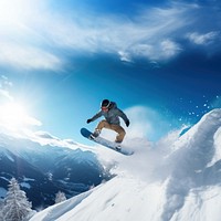 A photo of the man jumping with snowboard from the hill, snow background.  