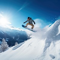 A photo of the man jumping with snowboard from the hill, snow background.  