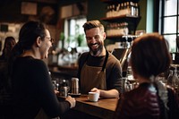 Barista serving customers a coffee barista adult mug. 