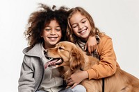 Kids hugging a dog laughing mammal animal. 