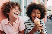 Two diversity kids having ice-cream smile child fun. 