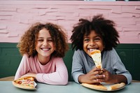 Two diversity kids having ice-cream pizza smile child. 