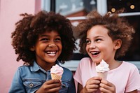 Two diversity kids having ice-cream smile laughing dessert. 