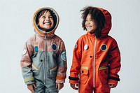 Kids wearing astronomy costume sweatshirt astronaut jacket. 