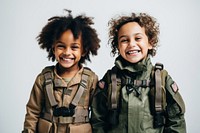 Kids wearing solider costume military soldier smile. 