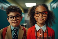 Two diversity kids wearing teacher costume photography portrait glasses. 