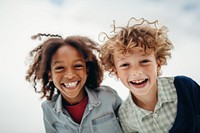 Two diversity kids dancing smile laughing child. 