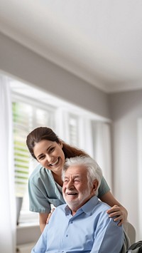 Caring female doctor embracing helping happy senior male disabled patient adult togetherness affectionate. 