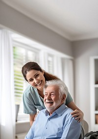 Caring female doctor embracing helping happy senior male disabled patient adult affectionate togetherness. AI generated Image by rawpixel.