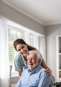 Caring female doctor embracing helping happy senior male disabled patient adult affectionate togetherness. 