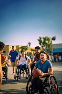 photo of a disable man in wheelchair playing basketball with friends. AI generated Image by rawpixel. 