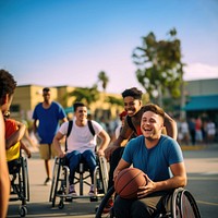 photo of a disable man in wheelchair playing basketball with friends.  