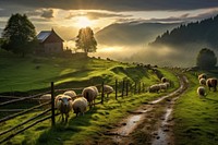 Sheep farm landscape grassland. AI generated Image by rawpixel.