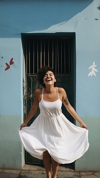 Short hair woman wearing white dress portrait adult architecture. 