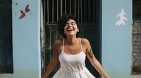 Short hair woman wearing white dress laughing smile adult. 