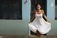 Short hair woman wearing white dress outdoors fashion adult. 