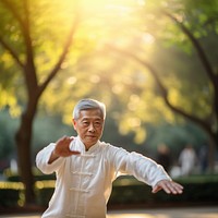 photo of an elderly asian man doing Tai chi in a park.  