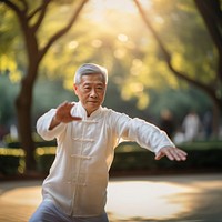 photo of an elderly asian man doing Tai chi in a park.  