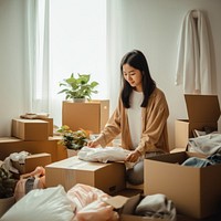 Choosing clothes box cardboard adult. 