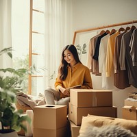 Choosing clothes box cardboard furniture. 