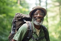 Backpack portrait glasses forest. 