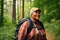 Backpack portrait forest smile. AI generated Image by rawpixel.