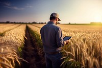 photograph of a man farmer with tablet working in wheat field.  