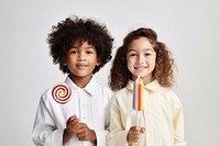 Kids carrying lollypop smile fun white background. 